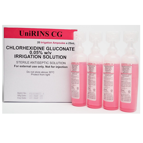 UniRINS CG Chlorhexidine Gluconate 0.05% w/v Irrigation Solution, 25ml, 20 ampoules/box